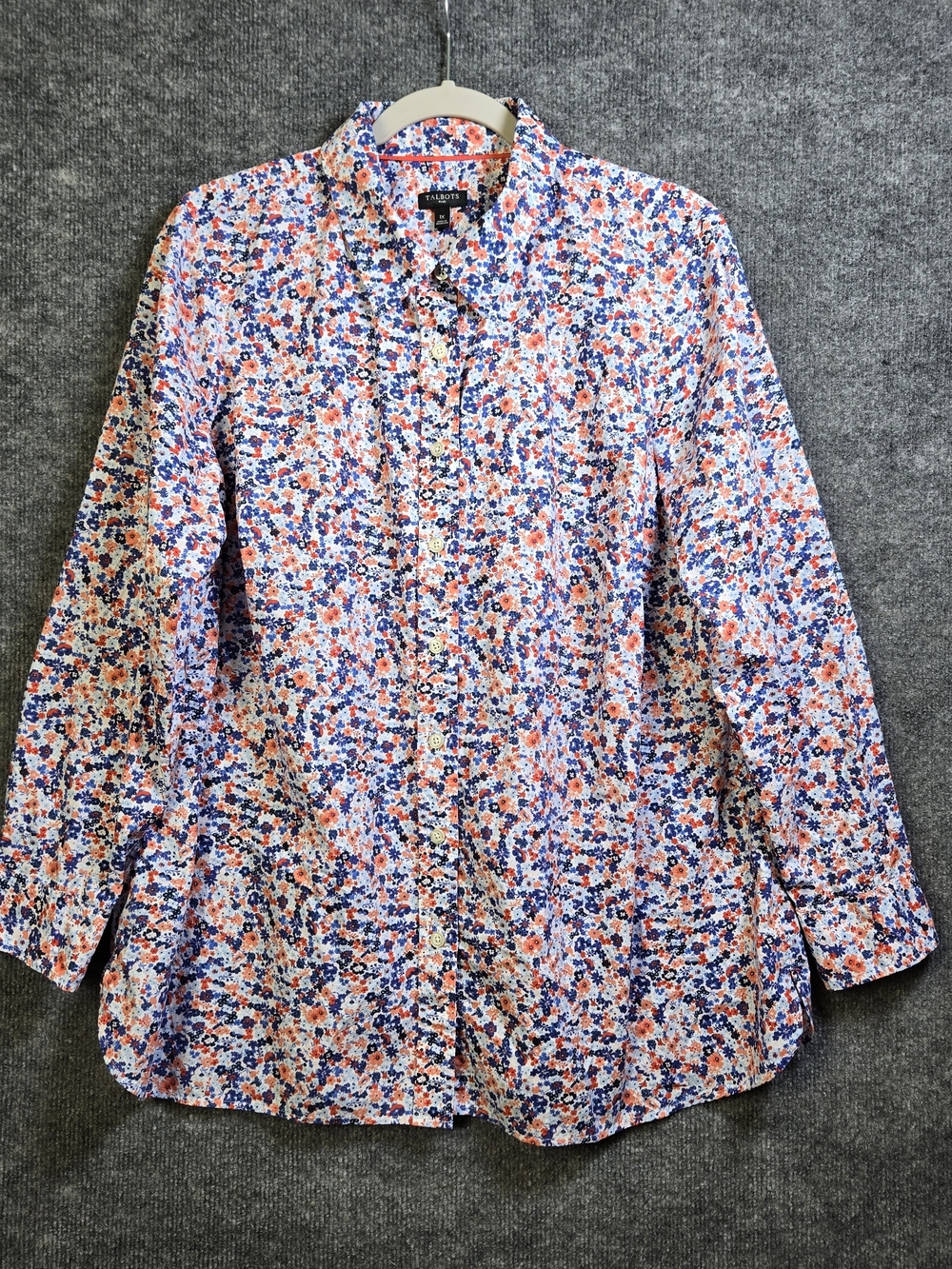 Talbots Shirt Womens 1X Blue Orange Micro Floral Long Sleeve Button Up